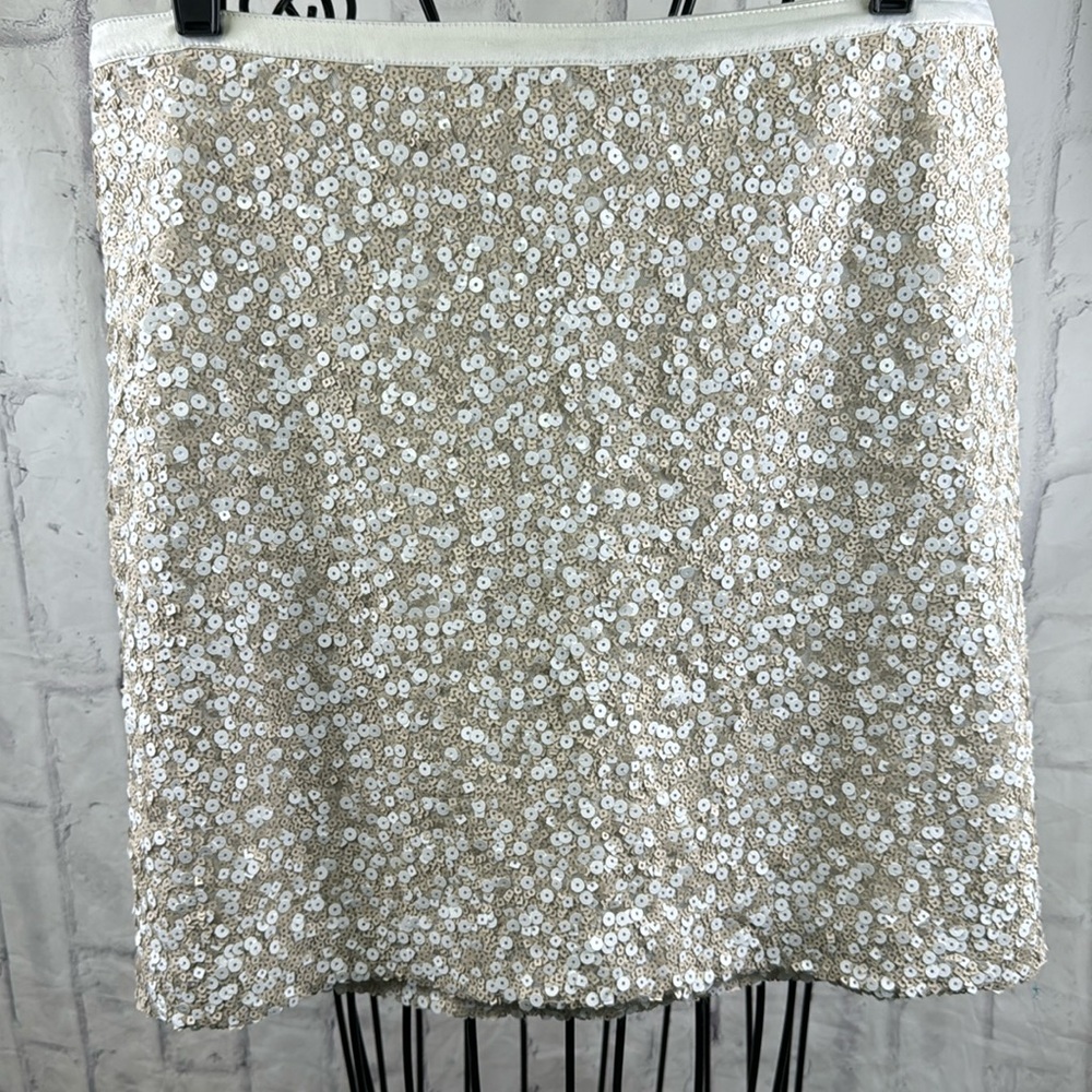Tommy Hilfiger Sequin Mini Skirt Pencil Tan & White Ribbon Waist Back Zip